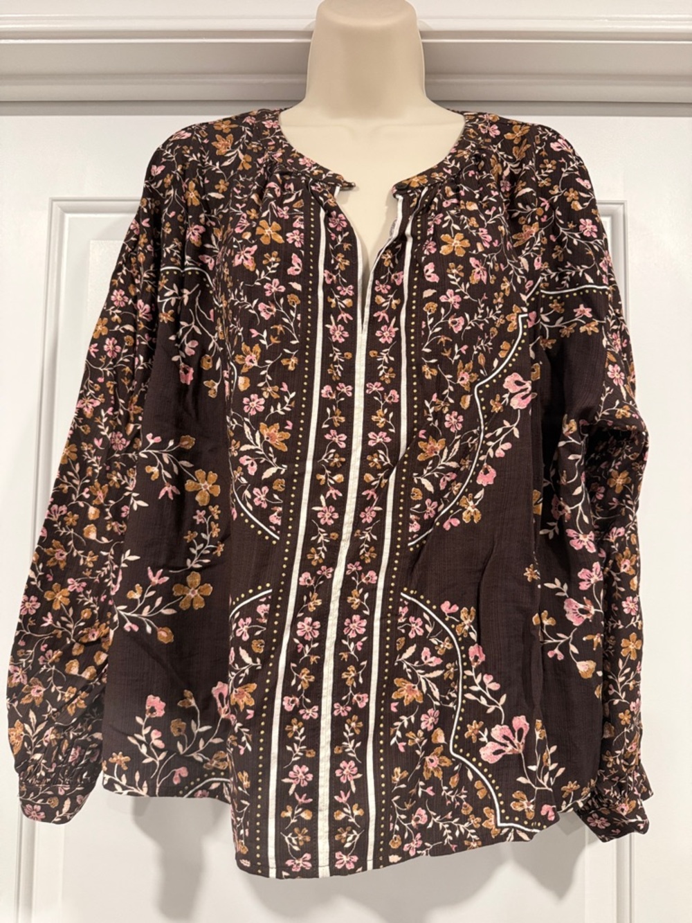 Women's Floral Blouse - Brown with Pink & Yellow Accents